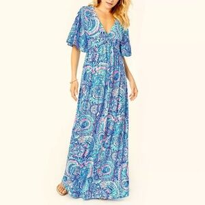 Lilly Pulitzer (8) Minka Maxi Dress- Flutter Sleeve V Neck Printed Flowy Jersey